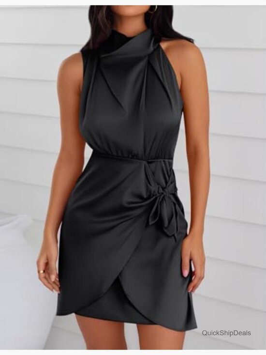 Satin Sleeveless Halter Neck Wrap Bodycon Cocktail Mini Dress - Picture 2 of 7